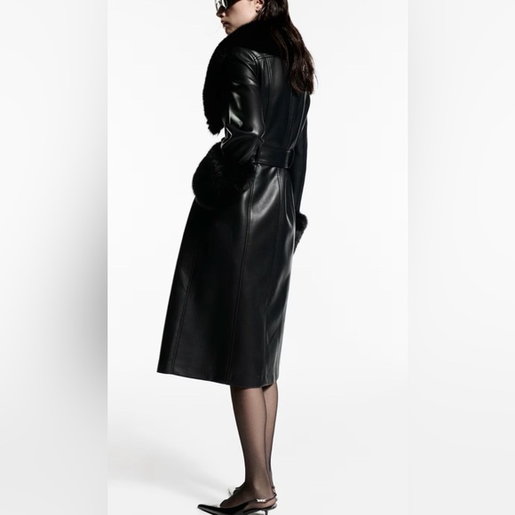 MANGO Leather Coat with Faux Fur Accents - Picture 2 of 8